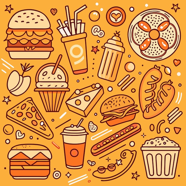 Una ilustración de contorno naranja y marrón de artículos de comida rápida y otros diseños divertidos en un fondo naranja sólido