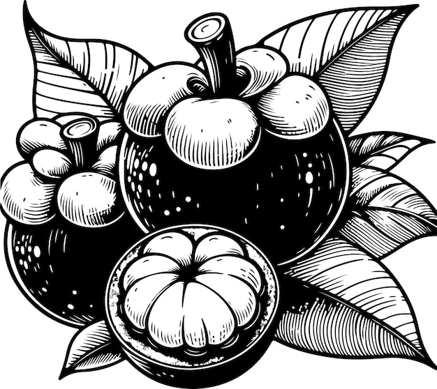Vector ilustración del contorno negro de la fruta del mangostán libro para colorear