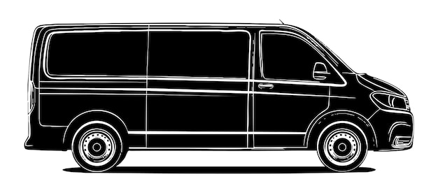 Una ilustración de contorno negro de una furgoneta vista desde el lado que muestra su diseño moderno y capacidades de transporte