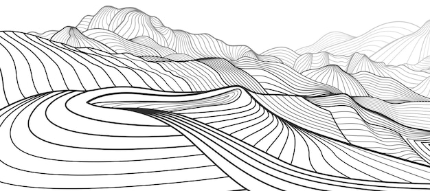 Ilustración de contorno negro de montañas sobre fondo blanco Paisaje de colinas abstractas
