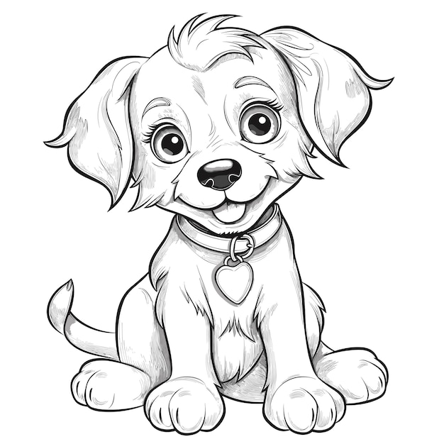 Ilustración de contorno de perro dibujado a mano lindo perro para colorear para niños blanco y negro