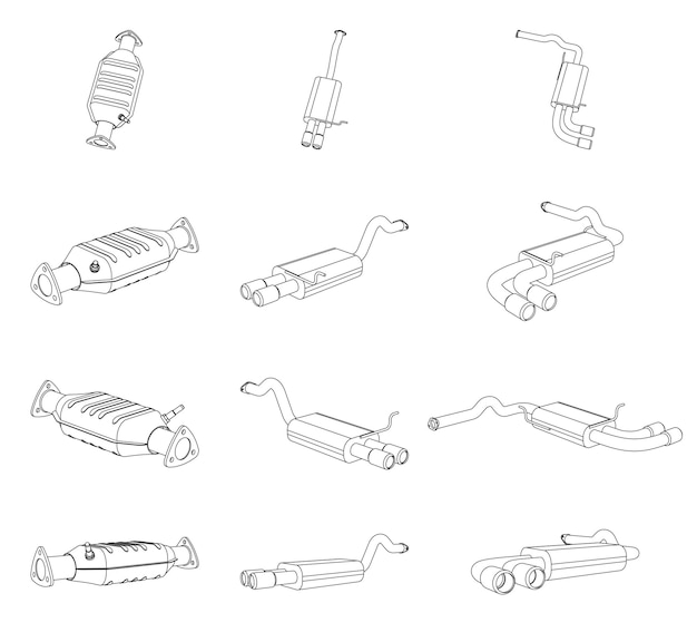 Ilustración de contorno de perspectiva de vector de tubo de escape de automóvil y sistema de convertidor catalítico - arte lineal