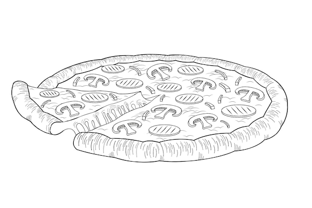 Ilustración de contorno de pizza con jamón y champiñones