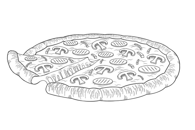 Ilustración de contorno de pizza con jamón y champiñones