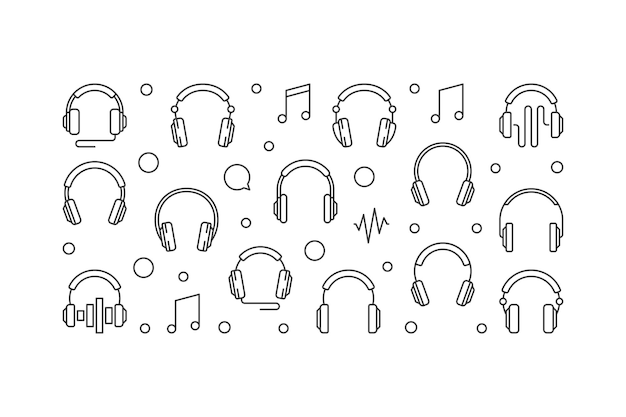 Ilustración de contorno de vector de banner horizontal de auriculares