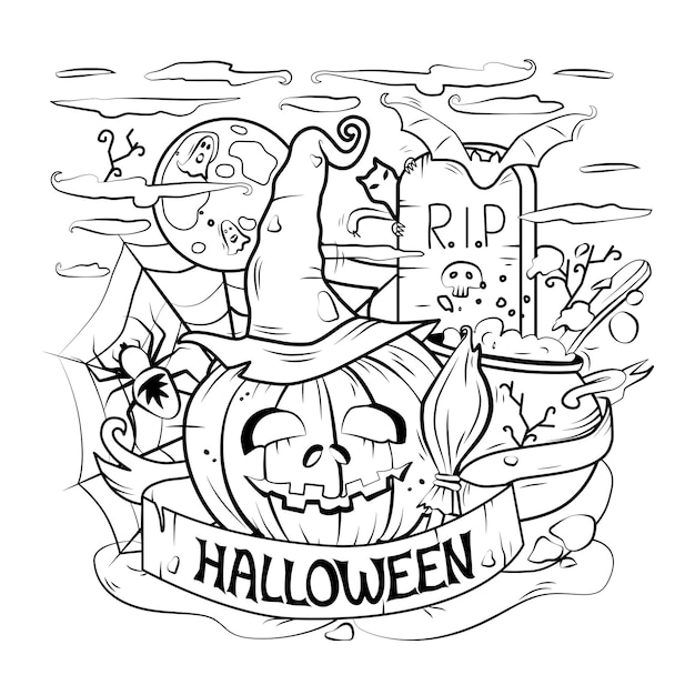 Ilustración de contorno de vector de dibujos animados de un feliz Halloween arte lineal detallado