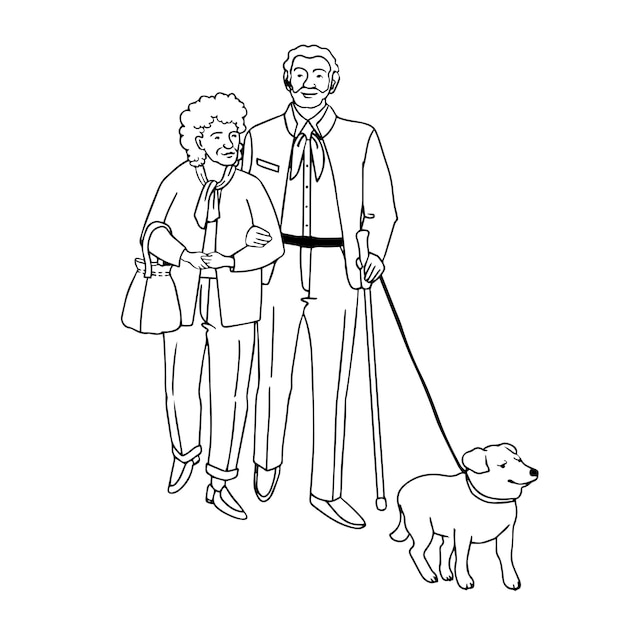 Ilustración de contorno vectorial de ancianos caminando con perro, aislado sobre fondo blanco.