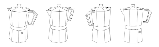 Vector ilustración de contorno vectorial de diferentes vistas en perspectiva de cafetera moka pot