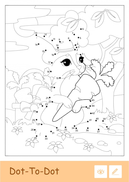 Ilustración de contorno vectorial incoloro de conejito en un sombrero recogiendo zanahorias en una madera aislada sobre fondo blanco.