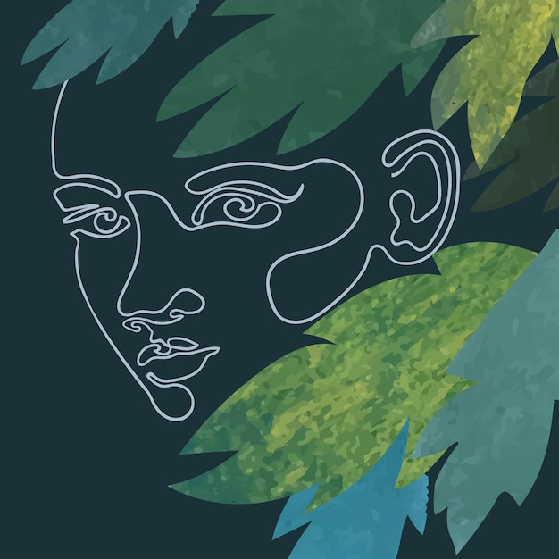 Ilustración de contorno vectorial de rostro de mujer con hojas exóticas Un dibujo de línea