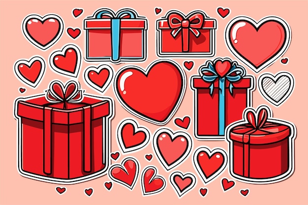 Ilustración de corazón de amor y conjunto de imágenes prediseñadas de pegatinas de caja de regalo de san valentín