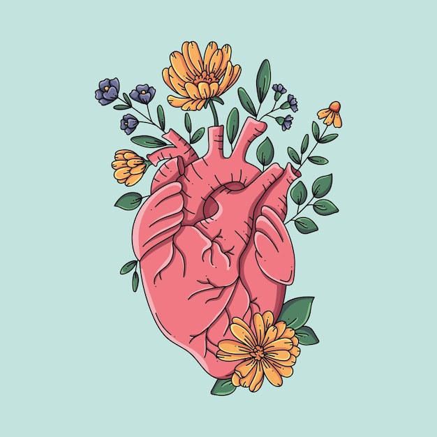 Vector ilustración corazón anatómico con flores