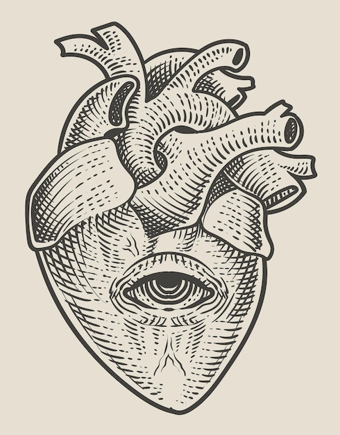 Ilustración corazón antiguo con estilo monocromo