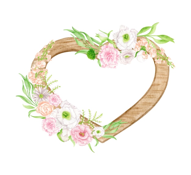 Ilustración de corazón floral de madera acuarela