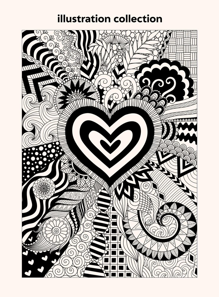 Vector ilustración del corazón de zentangle en blanco y negro