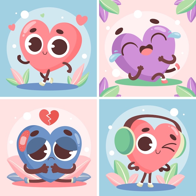 Ilustración de corazones de dibujos animados en diseño plano