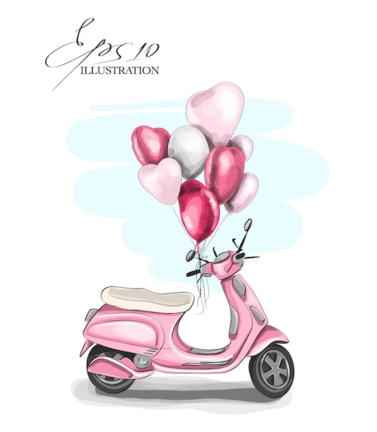Ilustración de corazones de motocicleta y globos
