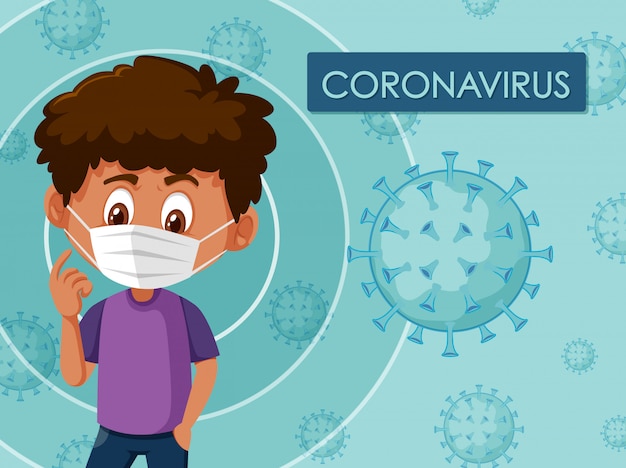 Ilustración de coronavirus con niño con máscara