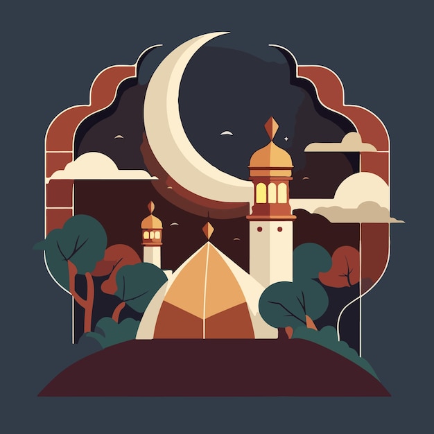 Una ilustración cortada en papel de una mezquita y una luna