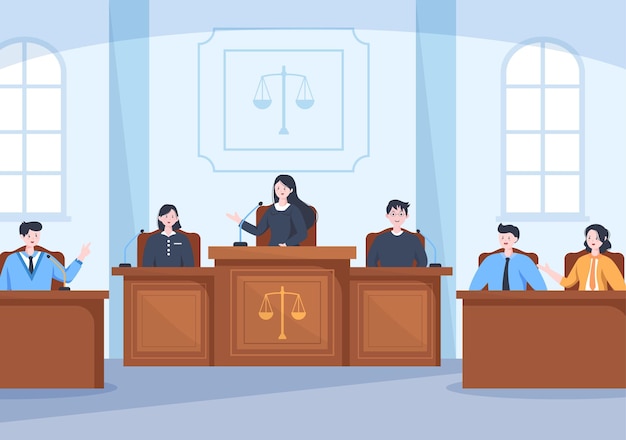 Ilustración de la corte hay decisión de justicia y abogado con martillo de juez de madera
