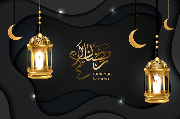 Vector ilustración de corte de papel oscuro de ramadan de lujo