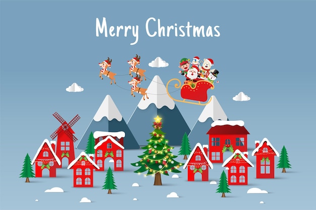 Ilustración de corte de papel de Santa Claus y un amigo en un trineo en el pueblo