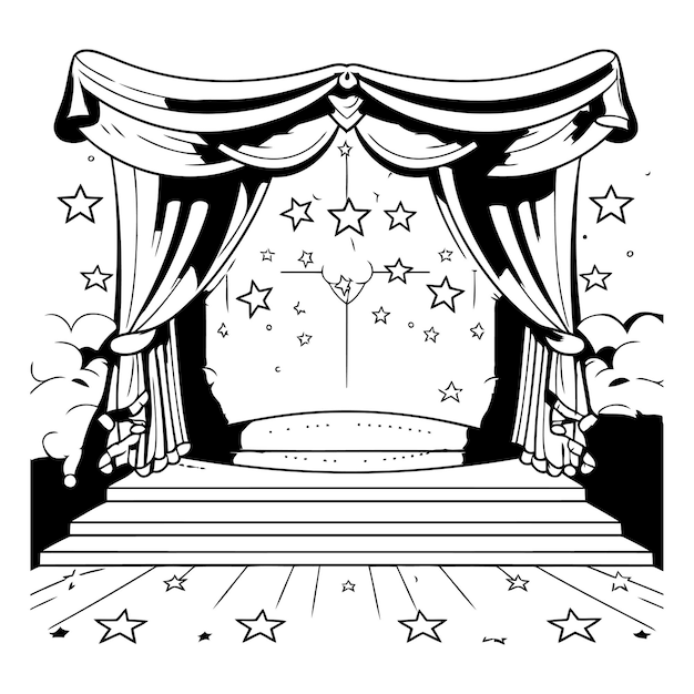 Vector ilustración de una cortina de circo con estrellas y focos en blanco y negro