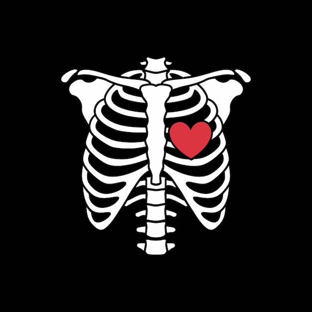 Ilustración de una costilla de esqueleto con un corazón rojo sobre un fondo negro