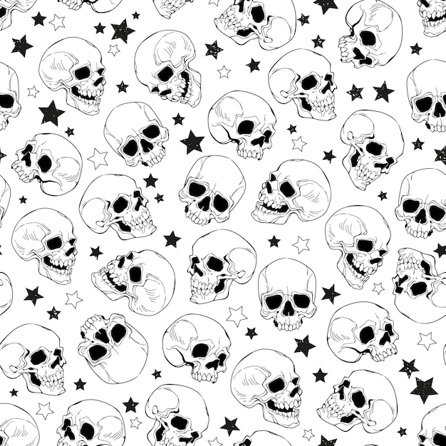 Ilustración sin costuras de cráneos humanos de dibujos animados blancos sobre un fondo blanco