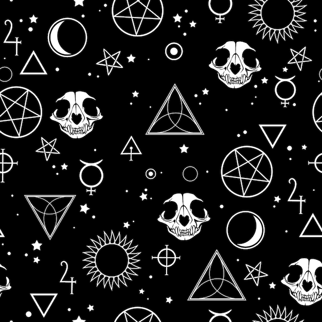 Ilustración sin costuras que representa símbolos mágicos y calaveras