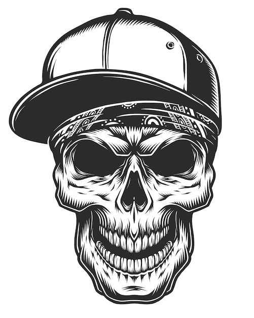 Ilustración del cráneo en bandana y gorra de béisbol