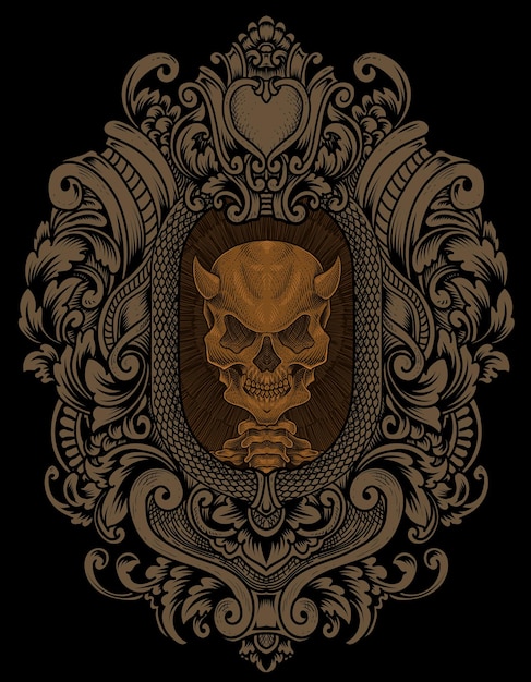 Ilustración de cráneo de demonio con estilo de adorno de grabado
