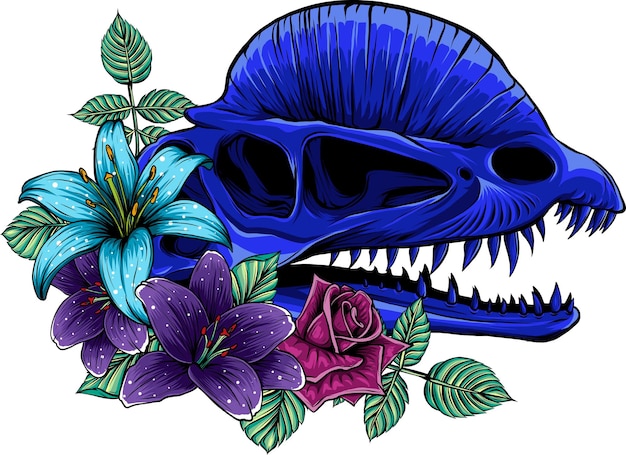 Ilustración del cráneo de dinosaurio dilophosaurus con flores tropicales