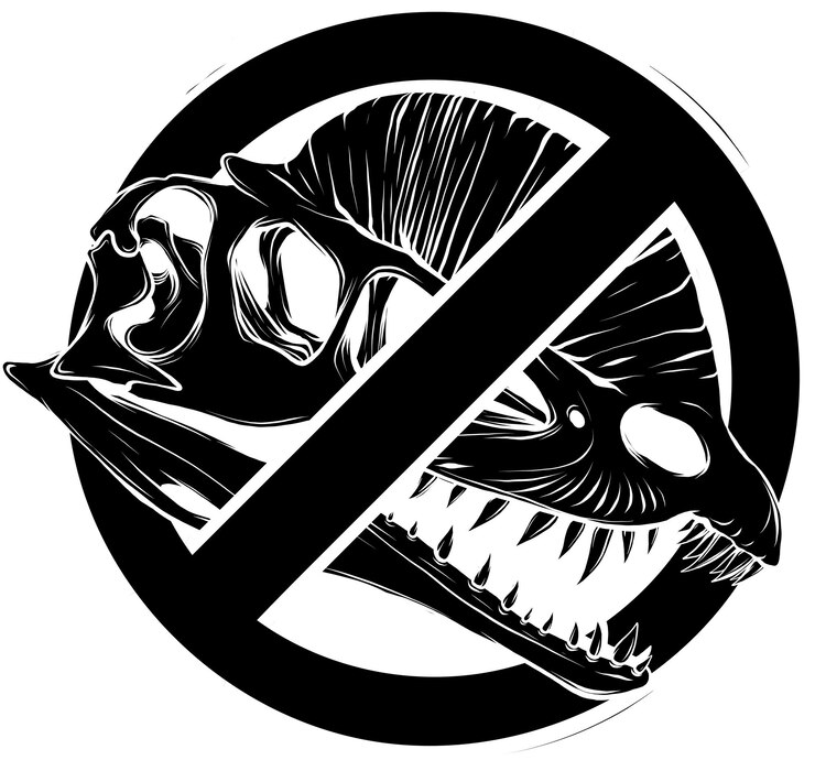 Vector ilustración del cráneo de un dinosaurio signo prohibido