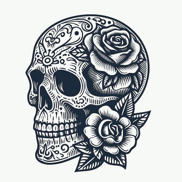 Ilustración de cráneo con estilo de grabado