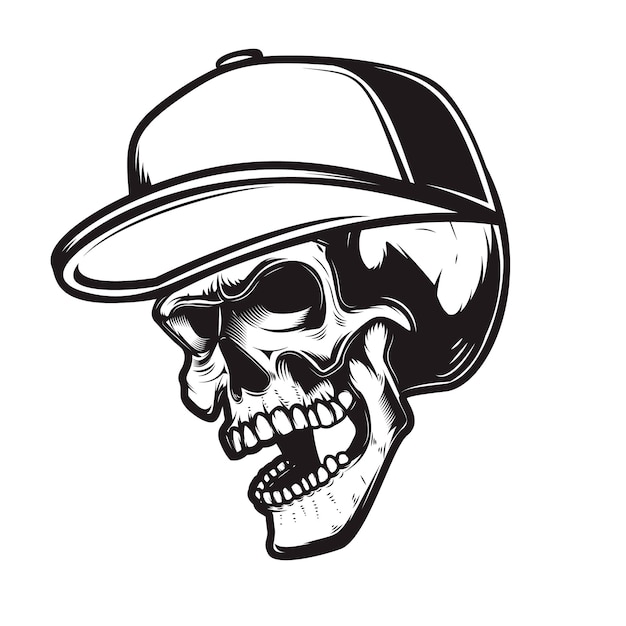 Ilustración de cráneo en gorra de béisbol en estilo de grabado Elemento de diseño para el logotipo emblema cartel cartel de cartel Ilustración vectorial
