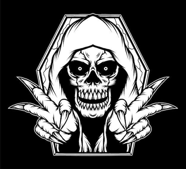 Ilustración de cráneo de parca en blanco y negro. Vector premium