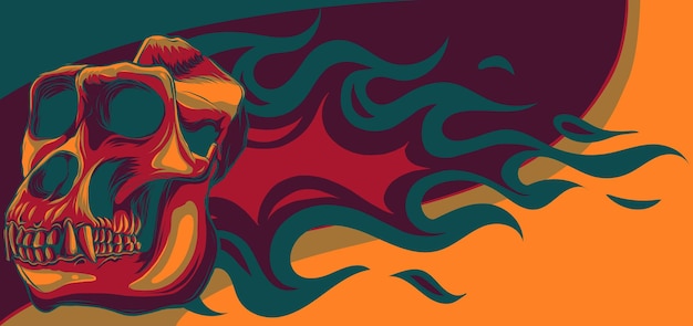 Ilustración de cráneo de simio con llamas