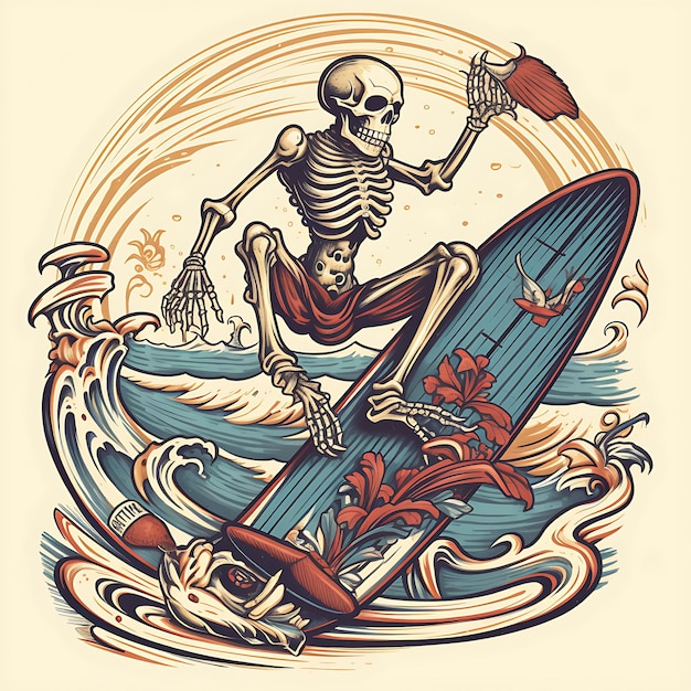 Ilustración de un cráneo surfeando en la playa