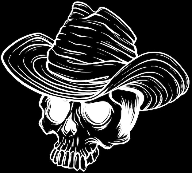 Ilustración del cráneo de un vaquero sobre un fondo negro