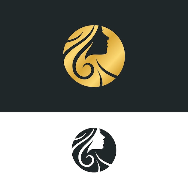 Ilustración creativa belleza mujeres y cabello para salón diseño de logotipo con forma de círculo