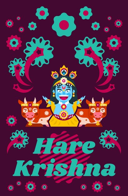Ilustración creativa del cartel sobre Hare Krishna Lord Krishna sentado en el entorno de las vacas Decoraciones navideñas postura de loto meditación animal cola de pavo real Fuegos artificiales Flores Estilo plano