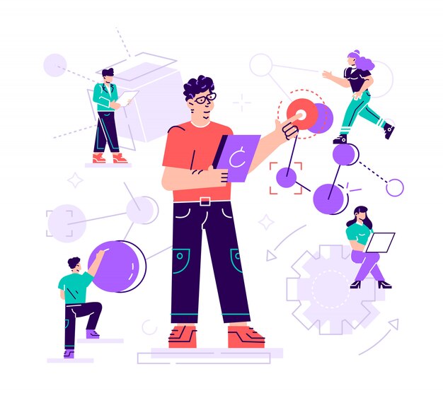 Ilustración creativa El científico realiza estudios de laboratorio y estudia los datos estadísticos de los resultados. compuesto malekul y átomos. tecnología moderna aprendizaje automático, artificial