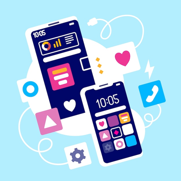 Ilustración creativa del dispositivo de teléfono con el icono de la aplicación y el cable de alimentación sobre fondo azul