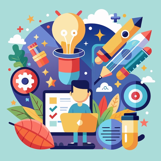 Ilustración creativa del espacio de trabajo Diseño de oficina vibrante con elementos inspiradores
