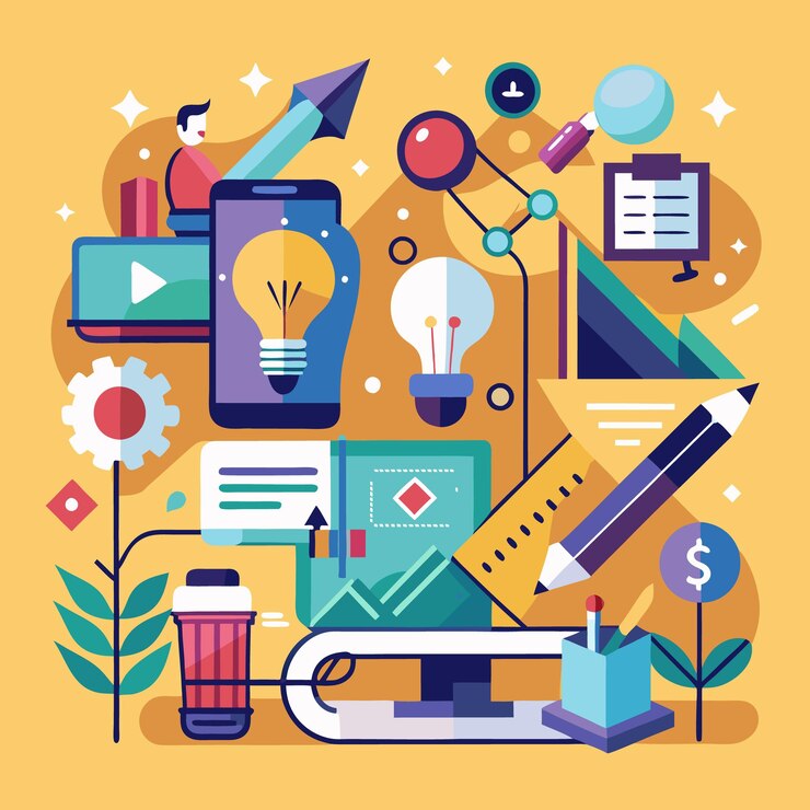 Vector ilustración creativa del espacio de trabajo diseño de oficina vibrante con elementos inspiradores