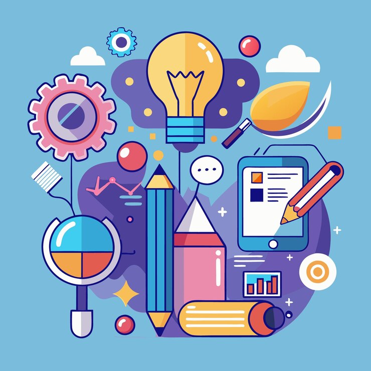 Vector ilustración creativa del espacio de trabajo diseño de oficina vibrante con elementos inspiradores