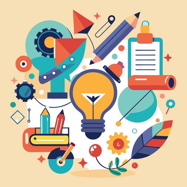 Vector ilustración creativa del espacio de trabajo diseño de oficina vibrante con elementos inspiradores