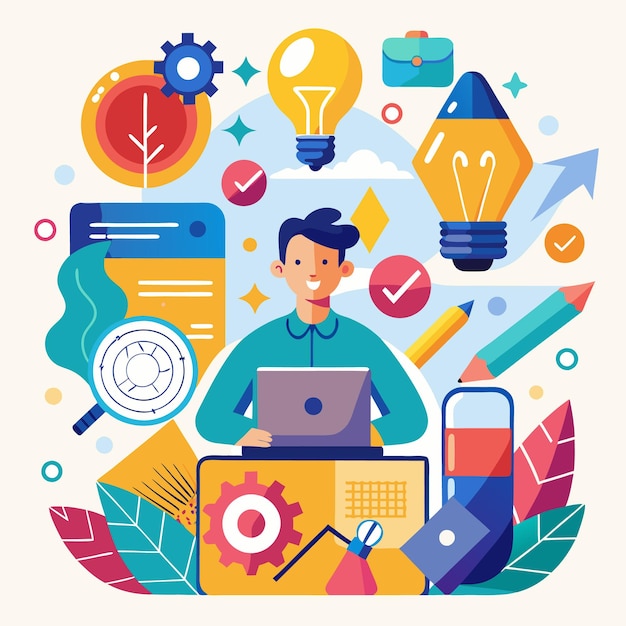 Ilustración creativa del espacio de trabajo Diseño de oficina vibrante con elementos inspiradores