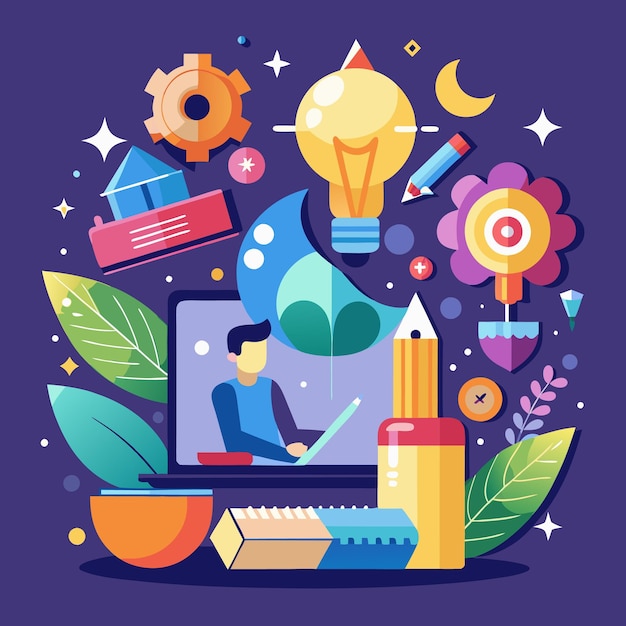 Ilustración creativa del espacio de trabajo Diseño de oficina vibrante con elementos inspiradores
